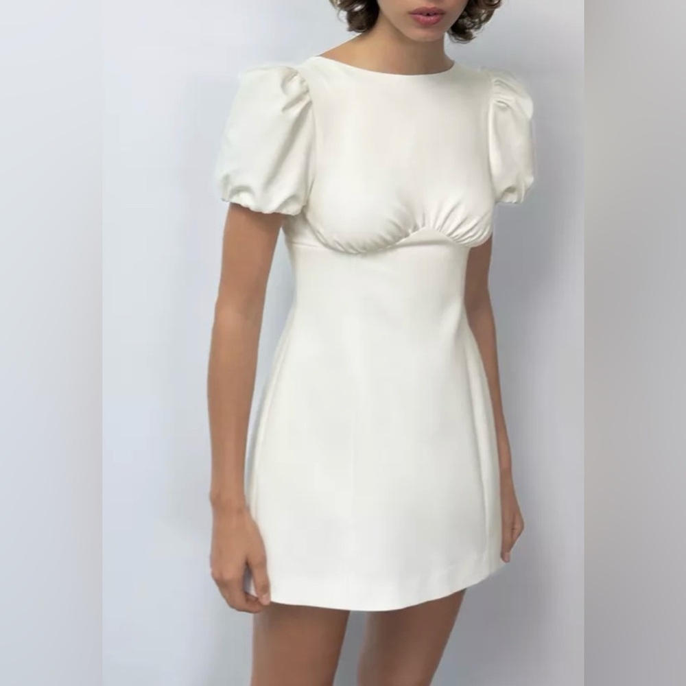 ZARA White Puff-Sleeve Mini Dress